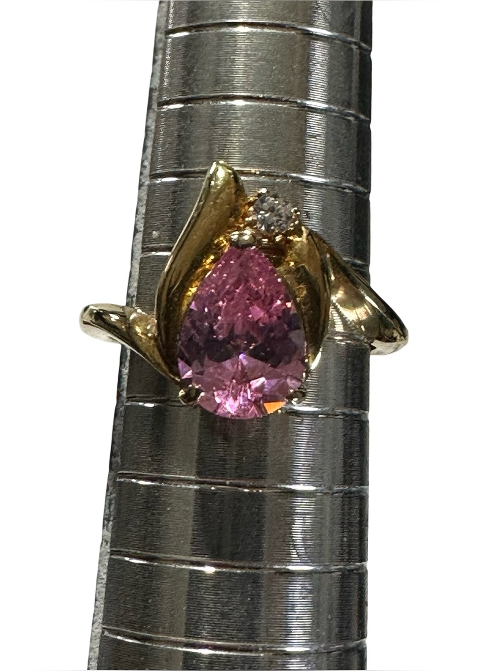 Vtg Seta Jewelry Asymmetrical Pink Pear Cut Cocktail Ring Gold Tone Sz 6.75